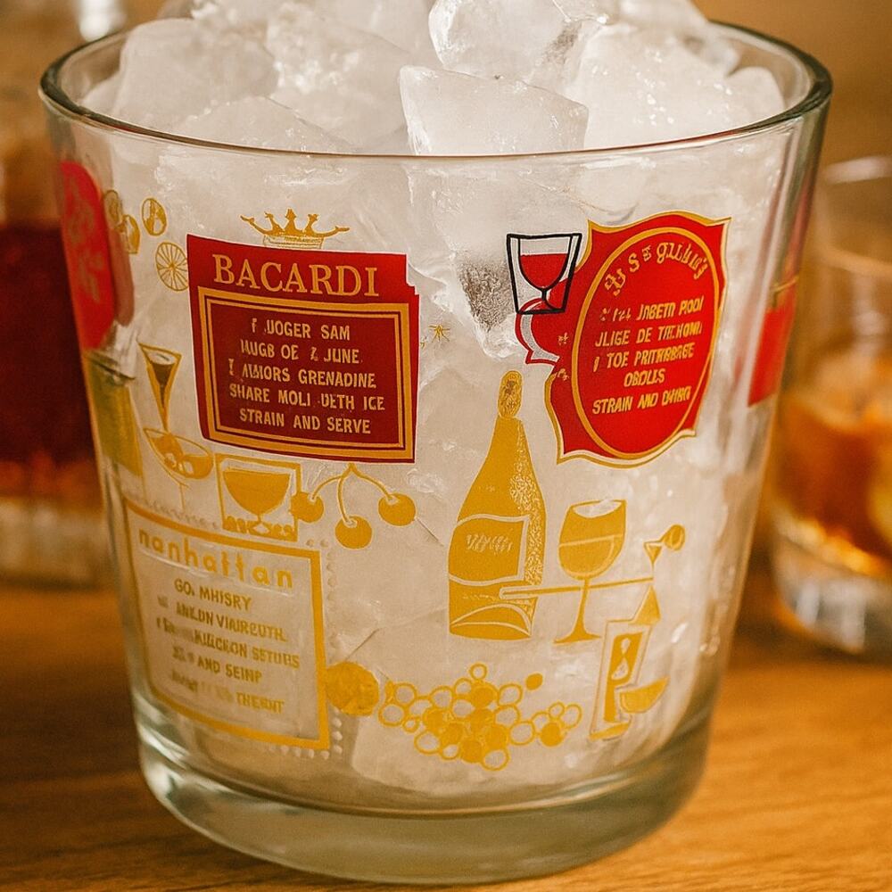 Vintage Jeannette Cocktail Ice Bucket 6” Barware Red & Gold Mid-Century Style